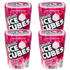 Ice Breakers Ice Cubes Raspberry Sorbet bottle front; refreshing sugar-free gum for quick fresh breath.