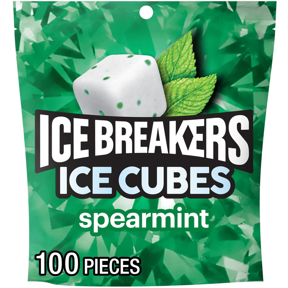 Ice Breakers Ice Cubes Spearmint pack front shows a 100-piece pouch for fresh breath