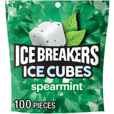 Ice Breakers Ice Cubes Spearmint pack front shows a 100-piece pouch for fresh breath