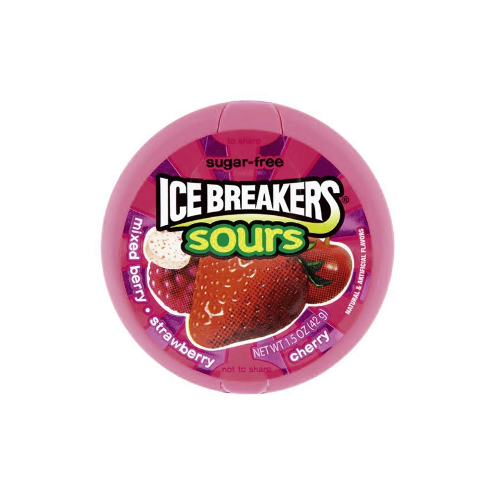 Ice Breakers Sours Berry Mints tin with tangy berry flavors for fresh breath on the go.