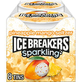 Ice Breakers Sparkling Pineapple Mango mint tin front for on-the-go refreshing moments.