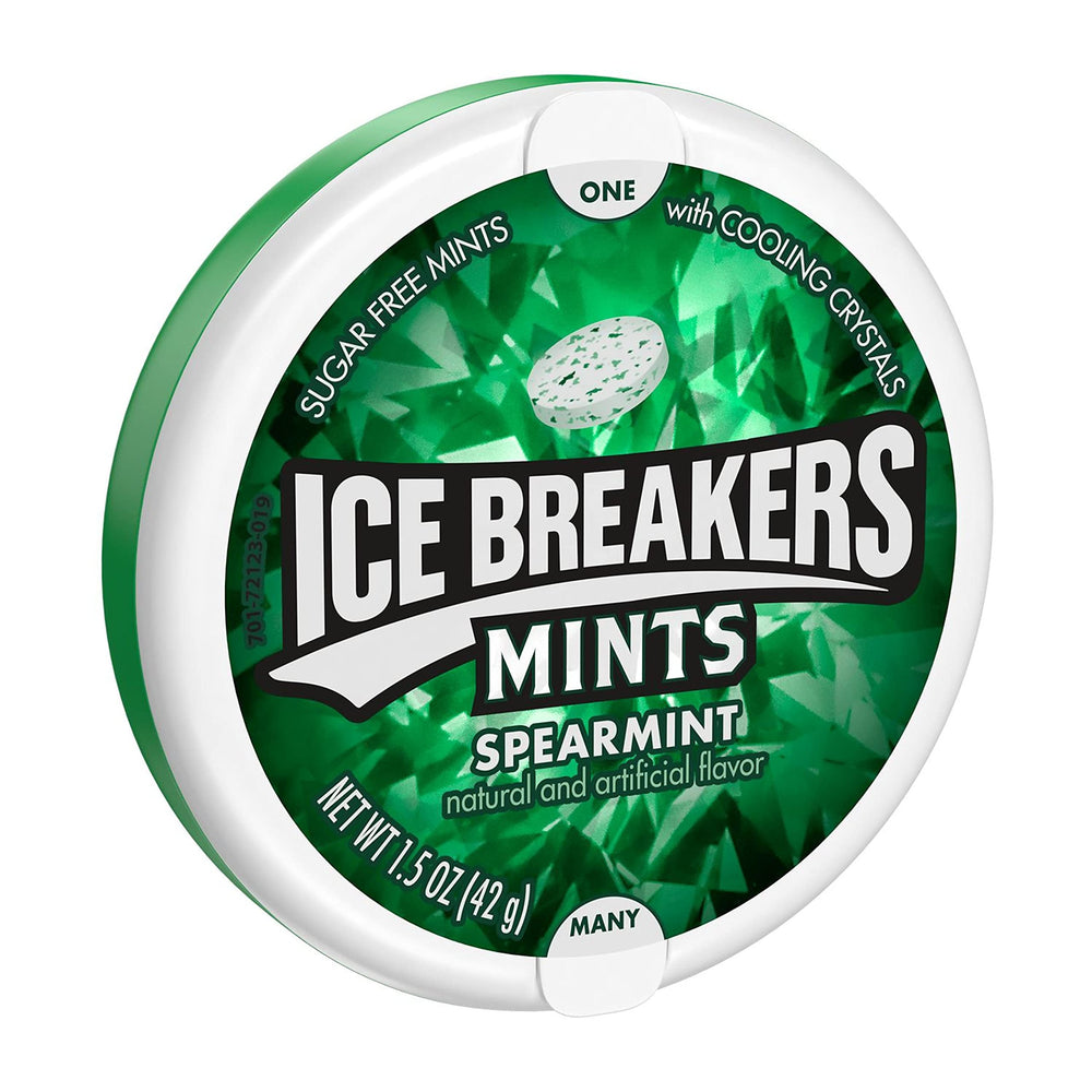 Ice Breakers Spearmint Sugar Free Mints tin for instant breath refreshment on the go.