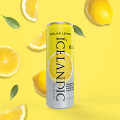 Close-up of Icelandic Glacial Sicilian Lemon can highlighting refreshing citrus flavor.
