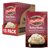 Idahoan Baby Reds mashed potatoes packaging showcases real Idaho potatoes and convenient, gluten-free side.