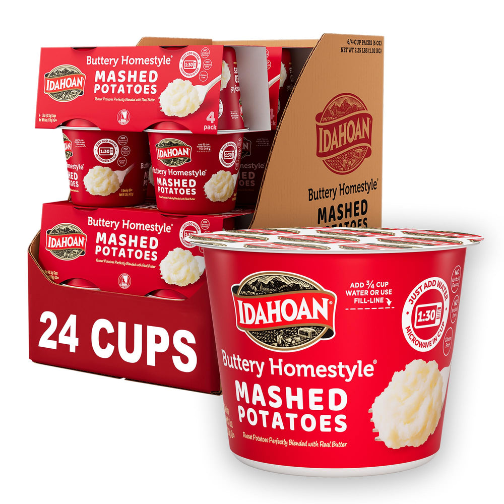 Idahoan Buttery Homestyle Mashed Potatoes Cup ready-to-serve in minutes for quick meals.