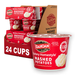 Idahoan Buttery Homestyle Mashed Potatoes Cup ready-to-serve in minutes for quick meals.