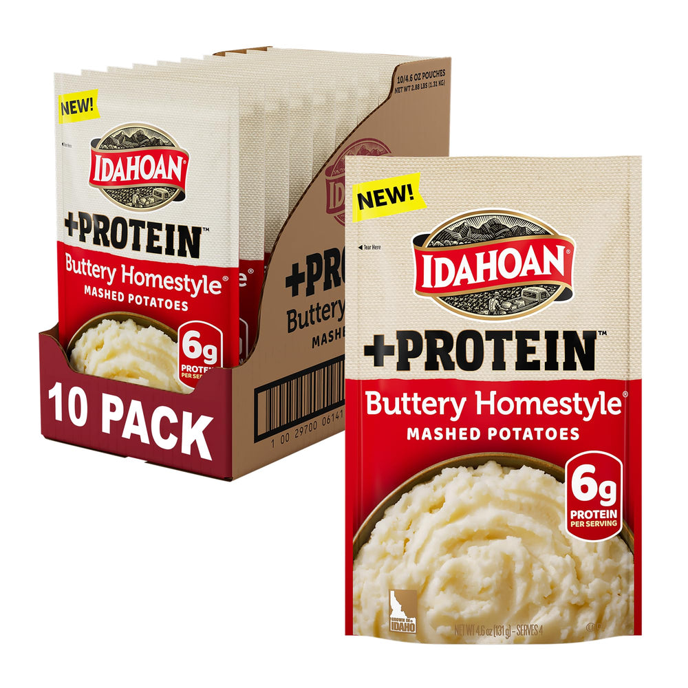 Idahoan Buttery Homestyle +Protein Mashed Potatoes pouch ready to serve protein-packed comfort.