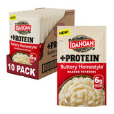 Idahoan Buttery Homestyle +Protein Mashed Potatoes pouch ready to serve protein-packed comfort.