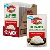 Idahoan Dairy-Free Mashed Potatoes 12-pack pouches for quick, dairy-free side dishes.
