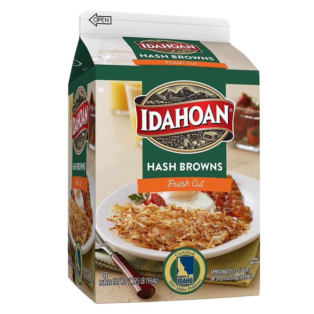 Idahoan Fresh Cut Hash Browns carton ready to cook in minutes for quick breakfasts.