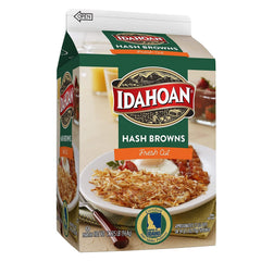 Idahoan Fresh Cut Hash Browns carton ready to cook in minutes for quick breakfasts.