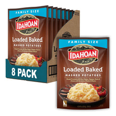 Idahoan Loaded Baked Mashed Potatoes pack of 8 pouches for quick family meals.