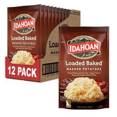 Idahoan Loaded Baked Mashed Potatoes packaging on shelf for quick meals.