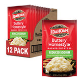 Idahoan Reduced Sodium Mashed Potatoes Buttery Homestyle pack shot, quick family meals.