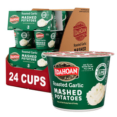 Idahoan Roasted Garlic cups in front view, quick and reliable sides.