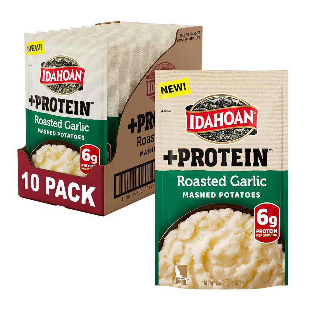 Idahoan Roasted Garlic +Protein Mashed Potatoes packaging highlighting a quick, protein-rich side.