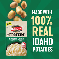 Idahoan Roasted Garlic +Protein Mashed Potatoes being poured into a pot for quick supper.