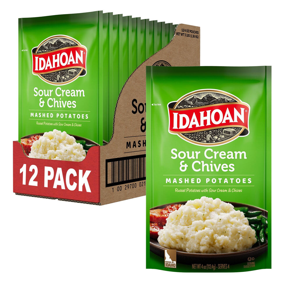 Idahoan Sour Cream & Chives mashed potatoes pouch ready for quick dinner prep.