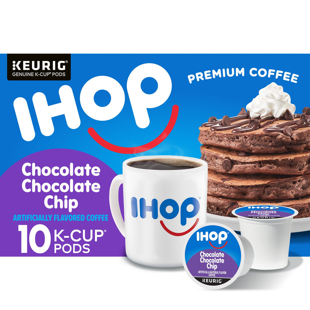 IHOP Chocolate Chocolate Chip K-Cup pods in a box for convenient home brewing.