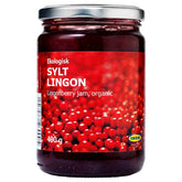 IKEA Sylt Lingonberry preserves jar close-up, ideal for a tangy breakfast spread.