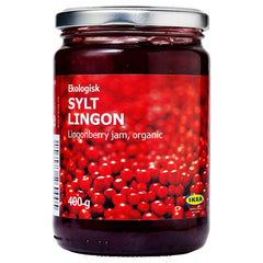 IKEA Sylt Lingonberry preserves jar close-up, ideal for a tangy breakfast spread.