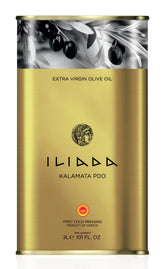 Iliada Kalamata PDO olive oil bottle; premium 3L packaging for everyday cooking.