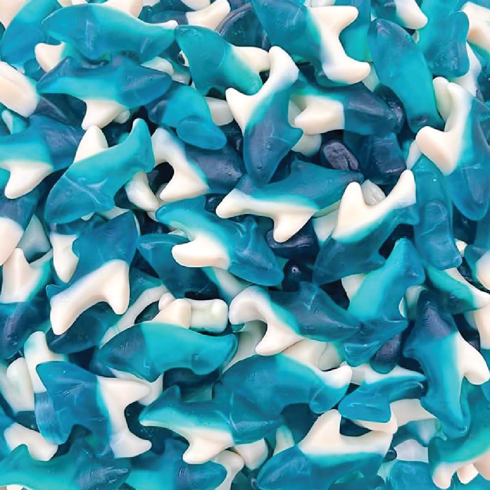 ILIKE! Blue Sharks Gummy Bag closeup, chewy texture ideal for snacking and party candy.