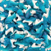ILIKE! Blue Sharks Gummy Bag closeup, chewy texture ideal for snacking and party candy.