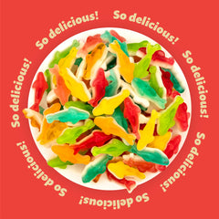 ILIKE! Gummy Sharks fruit flavors highlight lemon, orange, strawberry, blue raspberry, and apple.