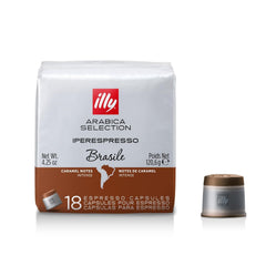 illy Brasile iperEspresso capsules pack highlighting single-origin Arabica aroma for bold caramel-forward espresso.