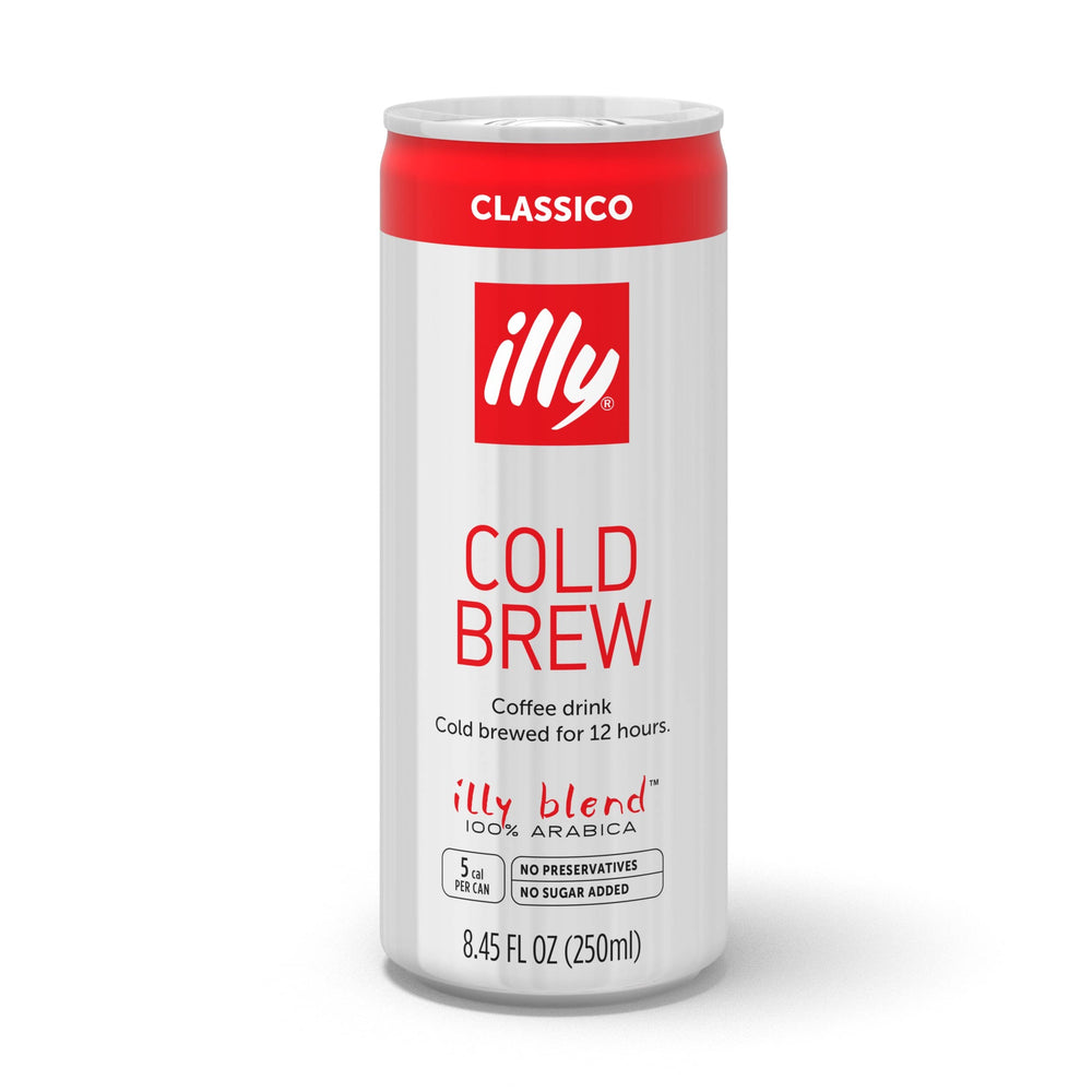 Illy Classico cold brew can hero showing convenient on-the-go Italian coffee experience.
