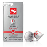 Illy Classico Lungo capsules pack shown for easy home espresso brewing.