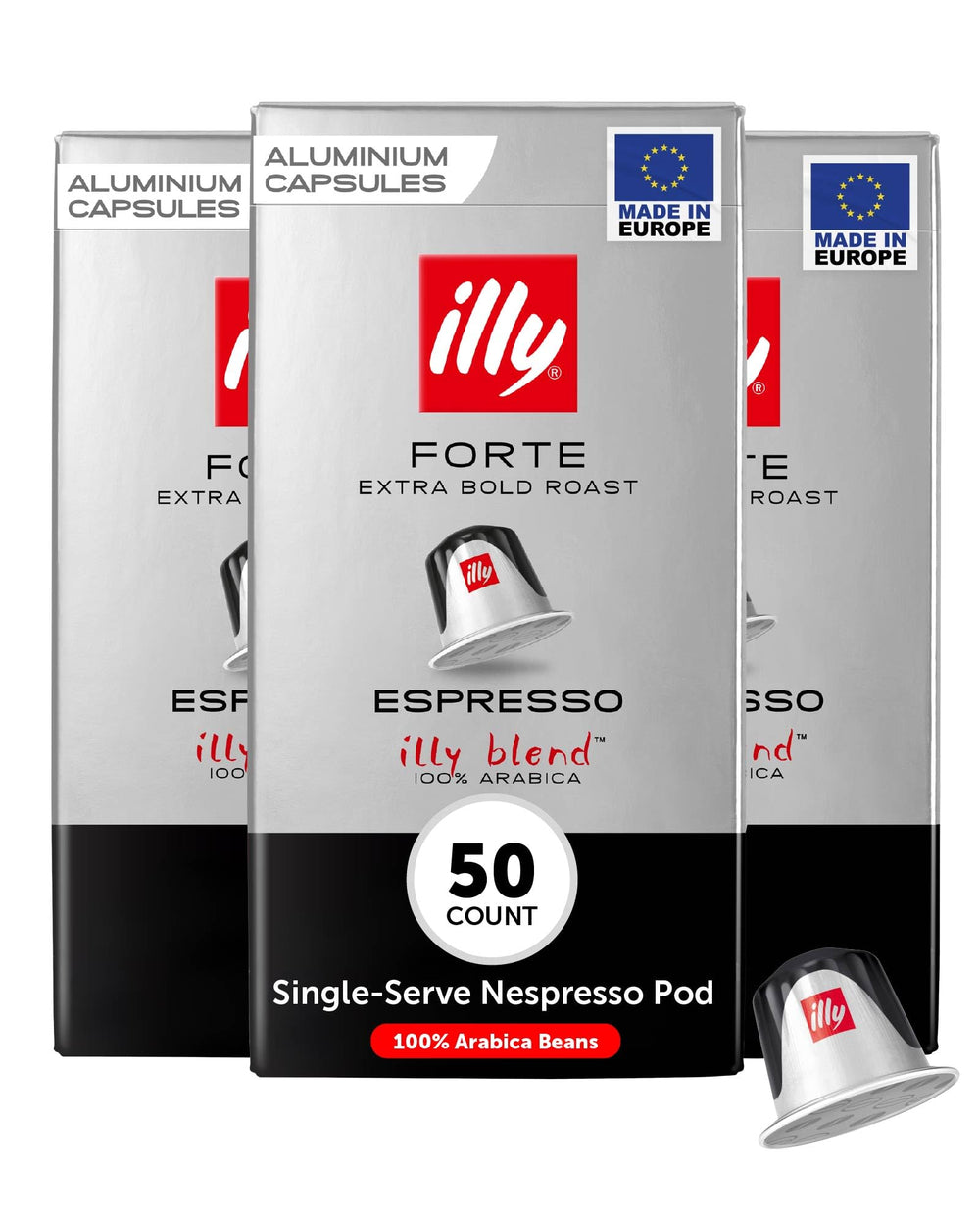 Close-up of illy Forte dark roast espresso capsule for bold flavor
