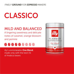 Illy Classico ground coffee close-up shows precise roast for espresso.