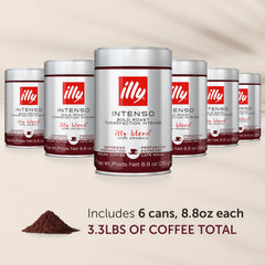 illy Ground Espresso Intenso Dark Roast coffee beans highlighting premium Arabica