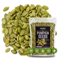 I'm A Nut raw pumpkin seeds front view in resealable bag for snacking
