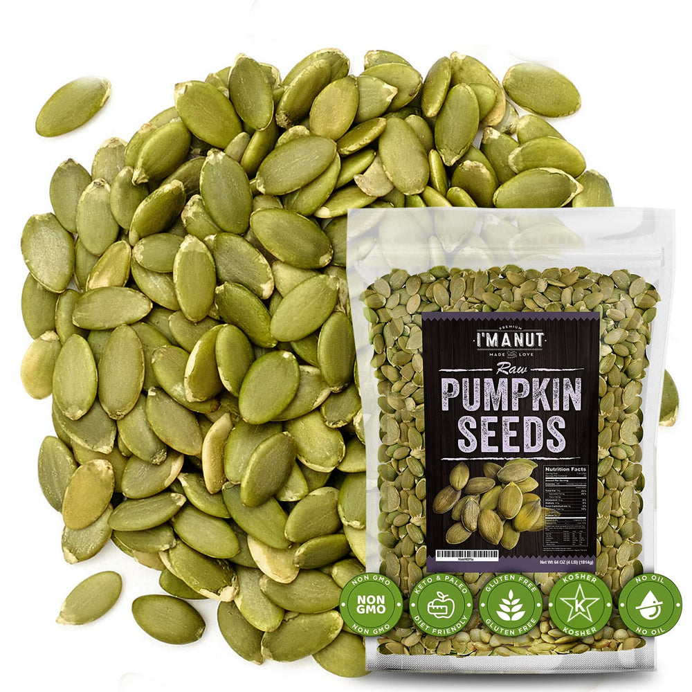 Im A Nut raw pumpkin seeds bulk bag close-up texture showing quality.