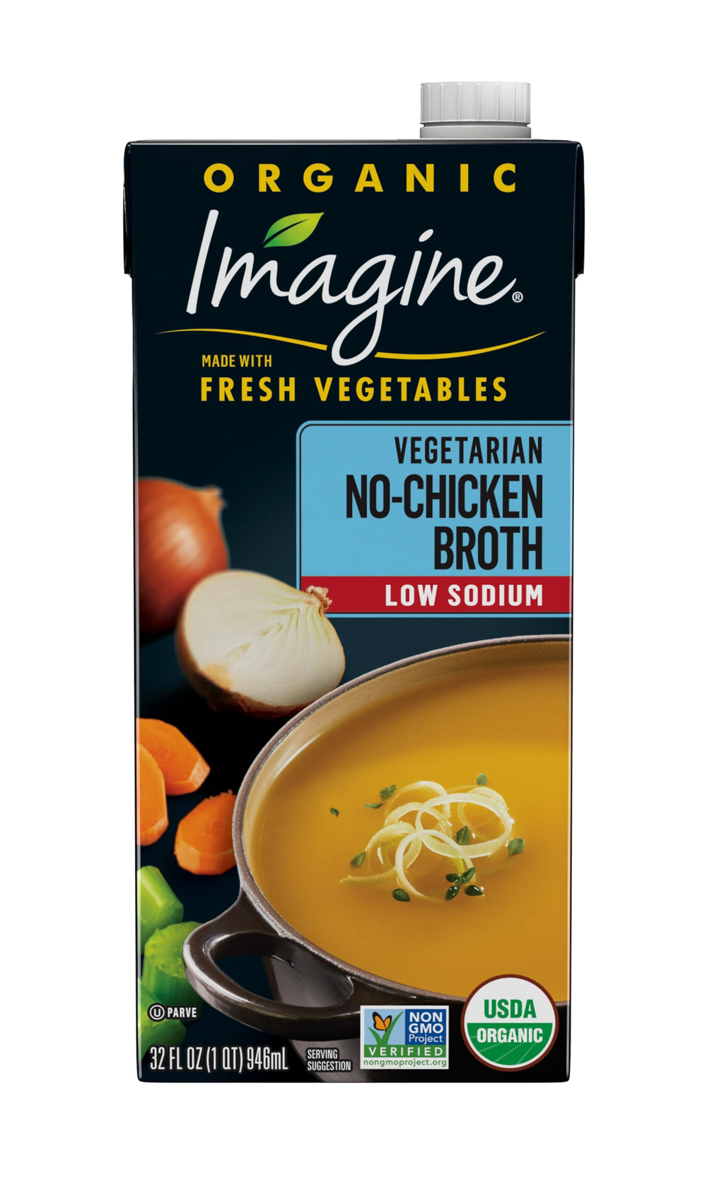 Imagine broth 32oz label close-up highlighting organic, low-sodium base for versatile cooking.