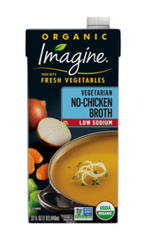 Imagine broth 32oz label close-up highlighting organic, low-sodium base for versatile cooking.