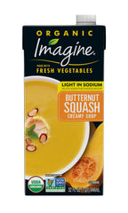 Imagine Light in Sodium creamy butternut squash soup bottle showing rich texture and color, ready to heat.