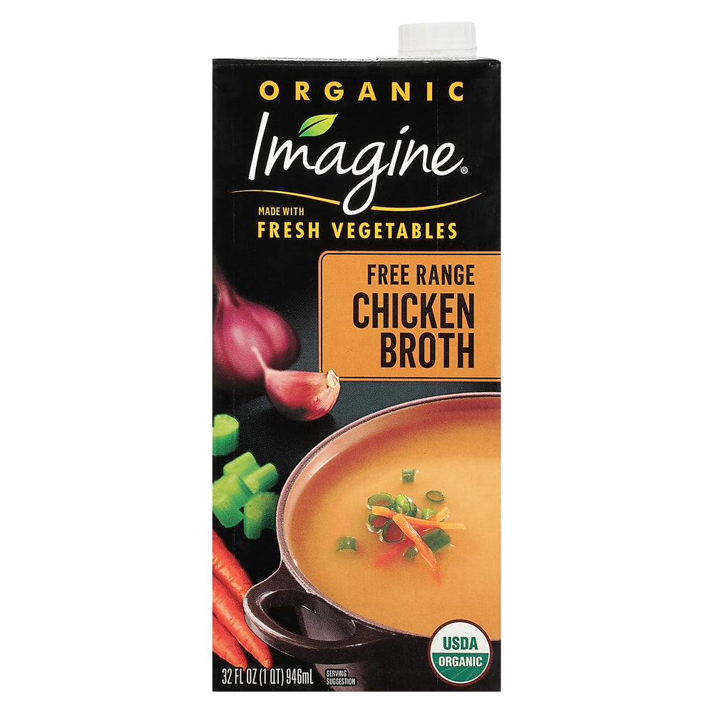 Imagine Organic Free-Range Chicken Broth bottle, ideal for soups and sauces.