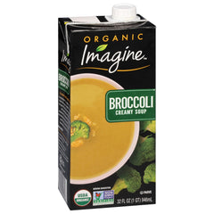 Imagine Organic Creamy Broccoli Soup kitchen setup shows easy weeknight prep.