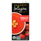 Imagine Organic Creamy Tomato Soup 32 oz front view showing vibrant soup.