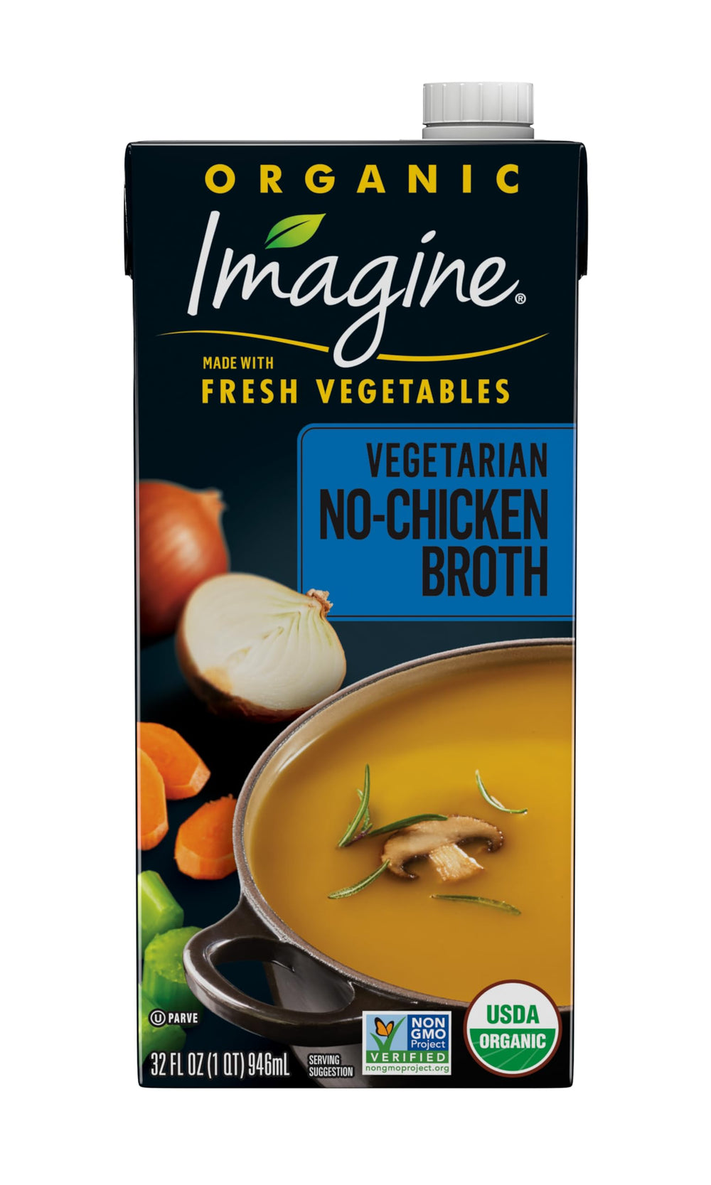 Imagine Organic No-Chicken Broth carton close-up shows fresh vegetables for rich flavor