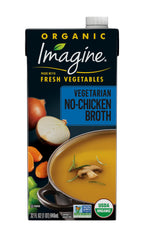 Imagine Organic No-Chicken Broth carton close-up shows fresh vegetables for rich flavor
