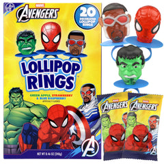 Imaginings 3 Avengers lollipop rings featuring Hulk, Spiderman, and Hawkeye for classroom exchanges.