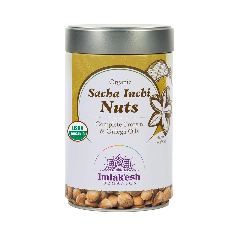 Imlak'esh Organics Sacha Inchi Nuts packaging closeup; protein-rich and gluten-free.