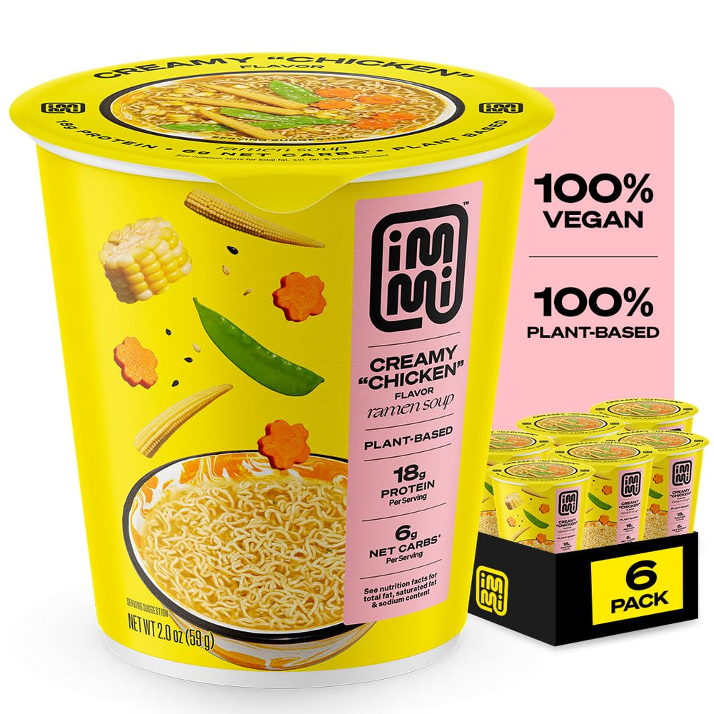Immi Creamy Chicken Ramen Cup with 18g protein for a filling plant-based meal.