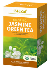 iMoZai Jasmine Green Tea Bags packaging emphasizes 100-count convenience and freshness.
