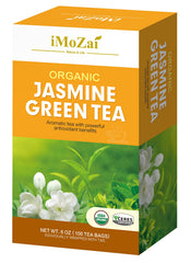 iMoZai Jasmine Green Tea Bags packaging emphasizes 100-count convenience and freshness.